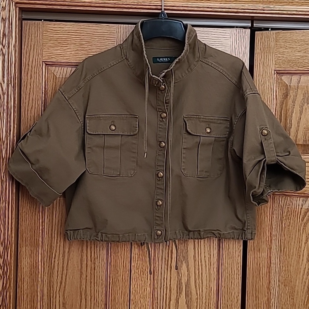 LAUREN Ralph Lauren Green cropped military jacket with drawing waist. Women 12 - Picture 3 of 15